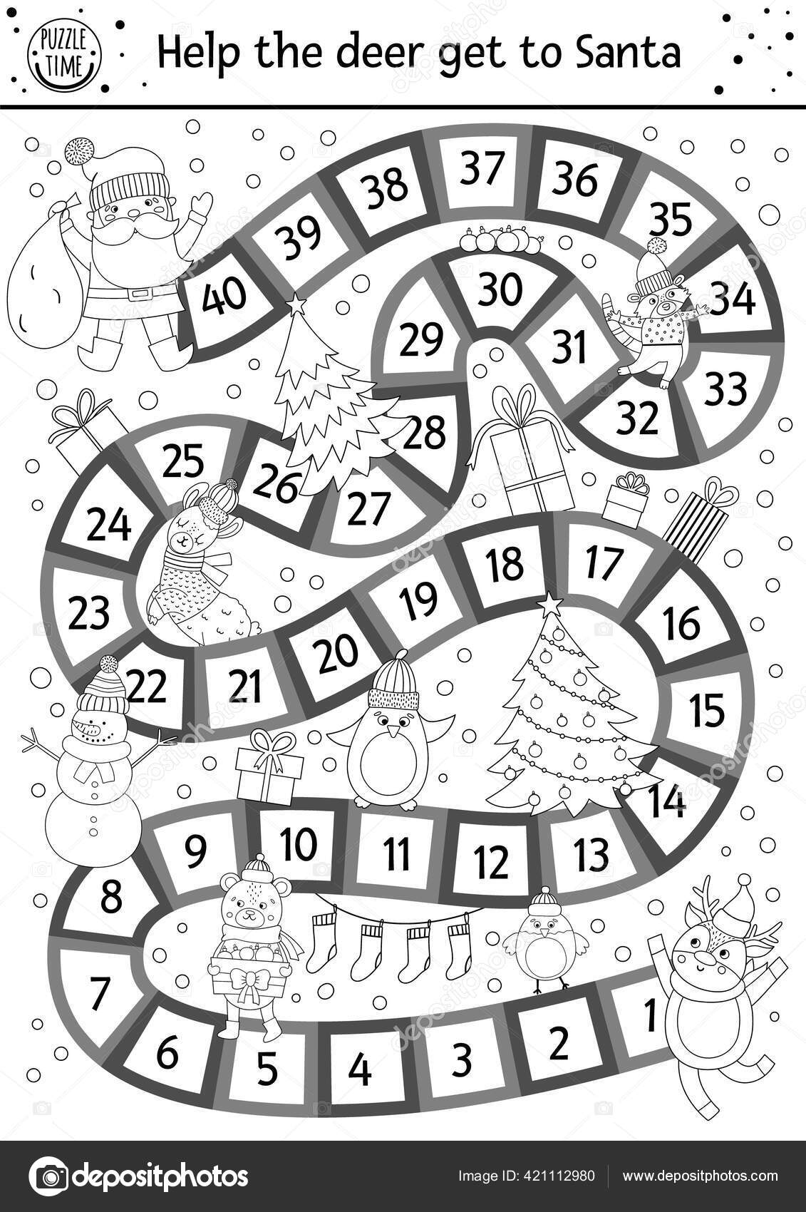 Jogo de tabuleiro de natal em preto e branco para crianças com