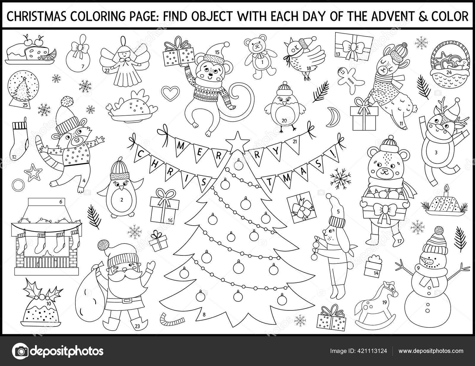 Vector Sort Hvid Jul Farve Side Adventskalender Med Traditionelle Ferie ...