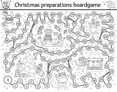 Noel 'de Noel Baba ve şirin hayvanları olan çocuklar için siyah beyaz masa oyunu. Köknar ağacı, baca ve kurabiyelerle eğitici bir oyun. Komik kış yazdırılabilir etkinliği veya renklendirme sayfası.