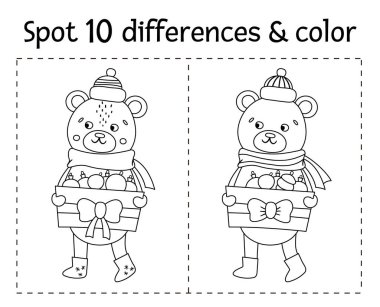 Noel 'de çocuklar için renk ve farklılıkları bulunur. Komik ayılarla kış siyah ve beyaz eğitim aktiviteleri. Gülümseyen karakterli basılabilir çalışma kâğıdı. Çocuklar için şirin yeni yıl boyama sayfası
