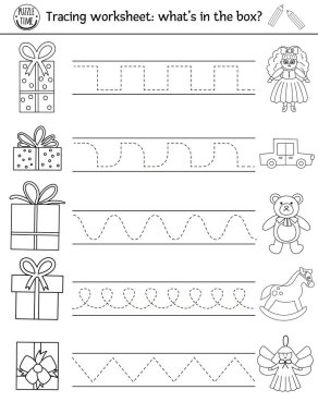 Vektör Noel el yazısı alıştırması ödevi. Okul öncesi çocuklar için basılabilir siyah beyaz aktiviteler. Yeni yıl hediyesi olarak yazma becerileri için eğitici izleme oyunu
