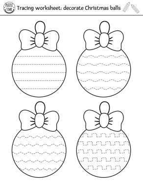 Vector Christmas handwriting practice worksheet. Winter printable black and white activity for pre-school children. Educational tracing game for writing skills. Decorate New Year balls vector Vector Christmas handwriting practice worksheet. Winter printable black and white activity for pre-school children. Educational tracing game for writing skills. Decorate New Year balls vector