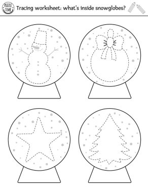 Vector Christmas drawing practice worksheet. Winter printable black and white activity for pre-school children. Educational tracing game for writing skills. Whats inside snow globe vector Vector Christmas drawing practice worksheet. Winter printable black and white activity for pre-school children. Educational tracing game for writing skills. Whats inside snow globe vector
