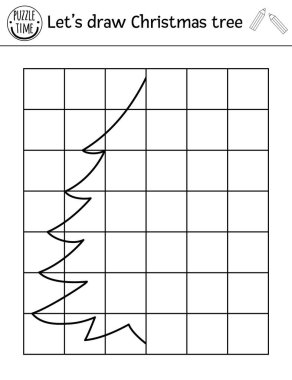 Complete the fir tree picture. Vector Christmas drawing practice worksheet. Winter printable black and white activity for pre-school children. Copy the drawing game for kids. vector Complete the fir tree picture. Vector Christmas drawing practice worksheet. Winter printable black and white activity for pre-school children. Copy the drawing game for kids. vector