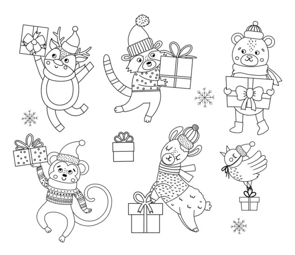 带着帽子 围巾和毛衣 配上礼物和雪花的可爱的黑白病媒动物 带着礼物的冬季套装 有趣的圣诞彩绘页面 充满微笑的新年印刷品 — 图库矢量图片