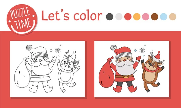 Kleurplaat Voor Kinderen Printen Online Grappige Kerstman Met Herten Vector — Stockvector
