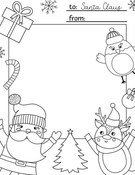 Noel Baba şablonuna siyah beyaz bir mektup gönder. Güzel bir Noel kartı tasarımı. Komik karakterli çocuklar için kış çerçevesi düzeni. Metin için yeri olan şenlikli arkaplan veya renklendirme sayfası.