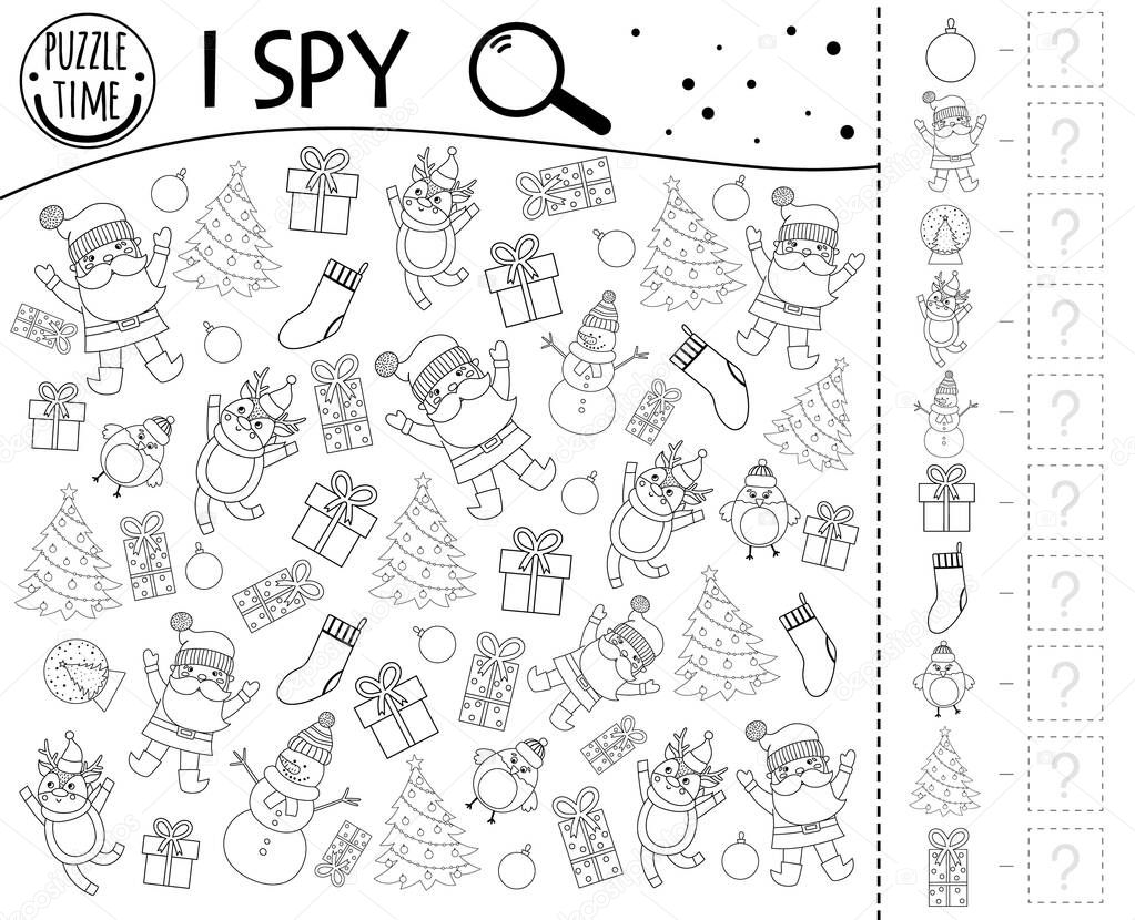 Christmas I spy game for kids. Searching and counting activity for preschool children with traditional New Year objects. Funny winter printable worksheet for kids. Simple holiday spotting puzzle