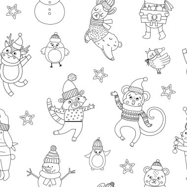 Siyah beyaz Noel karakterleri olan kusursuz bir model. Noel Baba, komik hayvanlar ve kardan adamla aynı geçmişi paylaşıyoruz. Dekorasyon veya yeni yıl tasarımı için sevimli kış dijital kağıdı