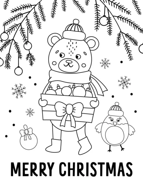 Orso Bianco Nero Vettoriale Cappello Sciarpa Con Scatola Palline Natale — Vettoriale Stock