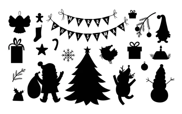 Conjunto Vectorial Siluetas Navideñas Blanco Negro Con Santa Claus Ciervo — Archivo Imágenes Vectoriales