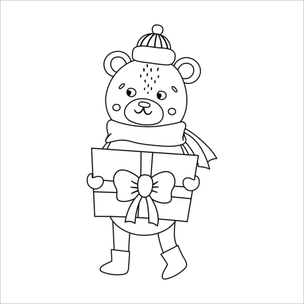 Векторный Черно Белый Медведь Шляпе Шарфе Подарочной Коробкой Симпатичный Рисунок — стоковый вектор