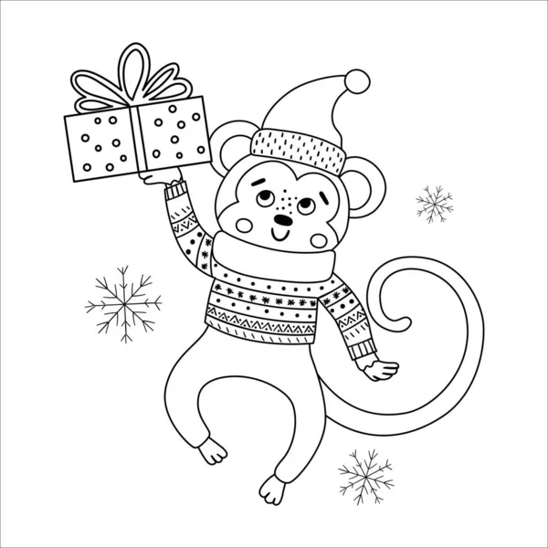 Vetor Macaco Preto Branco Chapéu Cachecol Com Caixa Presente Flocos — Vetor de Stock
