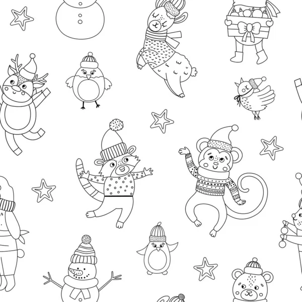 有黑白圣诞字符的矢量无缝图案 重复圣诞老人 滑稽的动物 雪人的背景 可爱的冬季数码纸装饰或新年设计 — 图库矢量图片