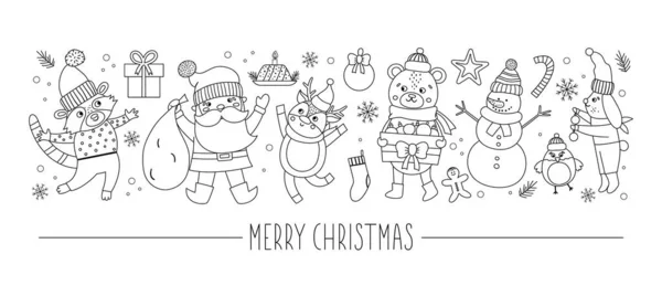 Vector Horizontal Set Black White Christmas Characters Elements Card Template — Stock Vector