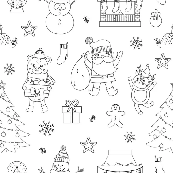 矢量黑白无缝图案与圣诞元素 圣诞老人红帽子袋 有趣的一行新年重述背景 — 图库矢量图片