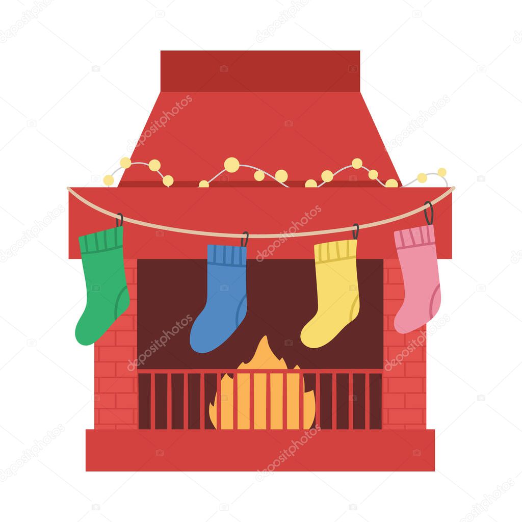 Cute colored chimney with stockings and garland. Christmas illustration of fireplace with socks with presents. Winter holidays celebration icon. Funny New Year print