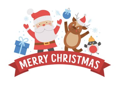 Mesajlı, Noel Baba, geyik, ispinozlu Mutlu Noeller kompozisyonu. Afişler, posterler, davetiyeler için komik bir kış tatili arka plan tasarımı. Yeni yıl kartı şablonu