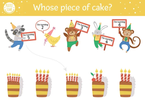 Birthday matching activity for children. Fun puzzle with cute animals in party hats and cakes with candles. Holiday celebration educational game, printable worksheet for kids. How old are they?