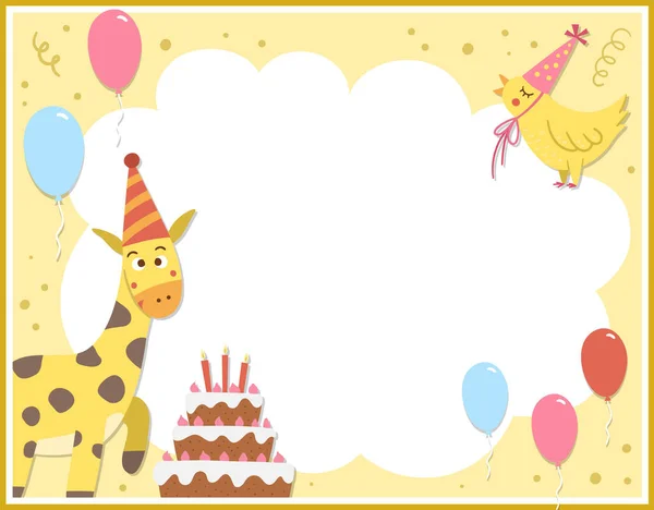 Birthday Party Greeting Card Template Cute Cake Animals Anniversary Poster — Stock Vector