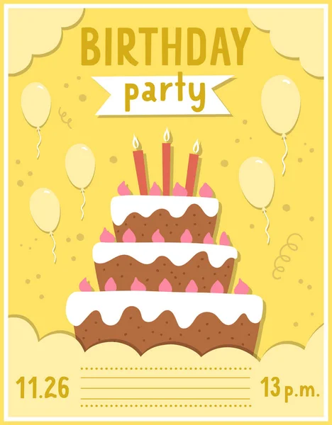 Geburtstagskartenvorlage Mit Süßem Kuchen Und Kerzen Jubiläums Plakat Oder Einladung — Stockvektor