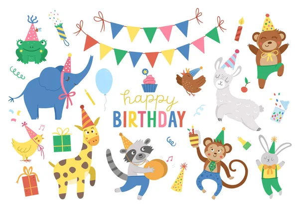 Conjunto Animales Alegres Lindos Sombreros Fiesta Fiesta Cumpleaños Colección Clipart — Archivo Imágenes Vectoriales