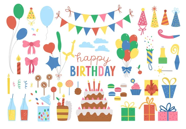 Conjunto Elementos Diseño Lindo Cumpleaños Fiesta Colección Clipart Paquete Vacaciones — Vector de stock