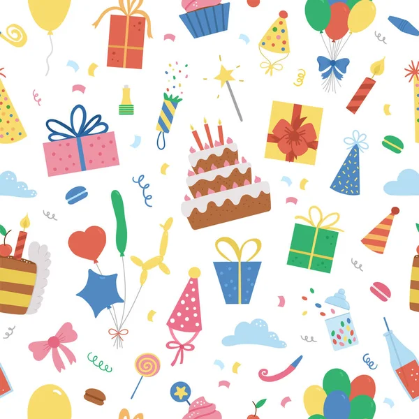 かわいい幸せな誕生日のデザイン要素とベクトルシームレスパターン パーティーのお祝いの背景を繰り返し 明るいプレゼントとベクトル休日のデジタル紙 キャンドル付きケーキ フラグ — ストックベクタ