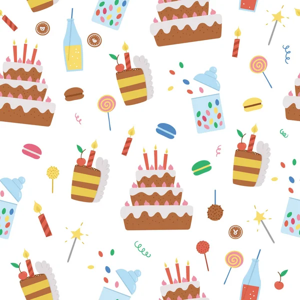 Vektor Nahtlose Muster Mit Niedlichen Kuchen Kerzen Süßigkeiten Parteifeier Mit — Stockvektor
