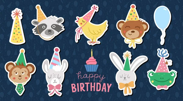 Conjunto Pegatinas Vectores Con Caras Animales Lindos Sombreros Fiesta Feliz — Archivo Imágenes Vectoriales