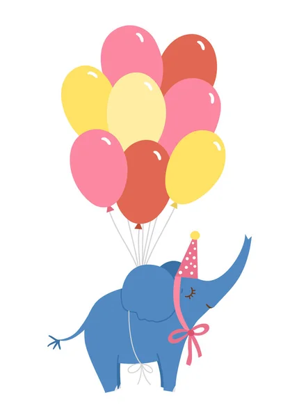 Lindo Elefante Vector Sombrero Fiesta Volando Racimo Globos Colores Ilustración — Archivo Imágenes Vectoriales