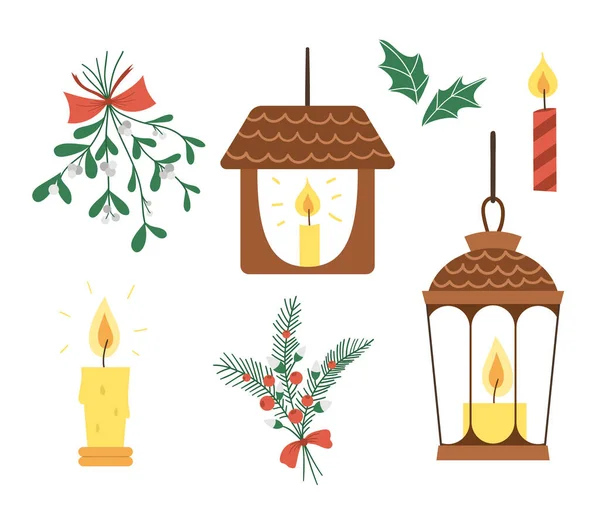 带有蜡烛 冬青叶和寄生束的矢量灯笼被白色背景隔离 有趣的新年象征图解 圣诞装饰扁平灯 — 图库矢量图片