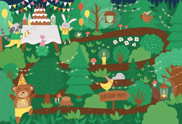 Vector Festa Aniversário Floresta Fundo Com Animais Bonitos Folhas Árvores —  Vetores de Stock