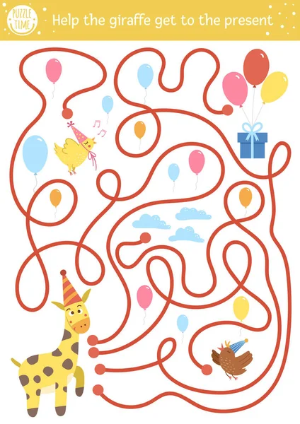 Birthday maze for children. Holiday preschool printable educational activity. Funny b-day party game or puzzle with cute animals, gift box, balloons. Help the giraffe get to the present