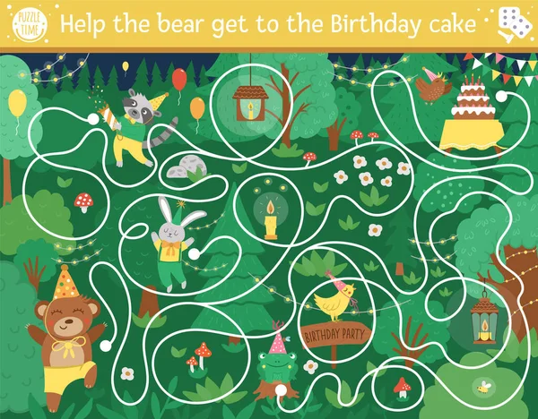 生日惊喜派对让孩子们迷惑不解 学前假日可打印的教育活动 有趣的谜与可爱的林地动物 帮熊吃生日蛋糕吧儿童森林游戏 — 图库矢量图片