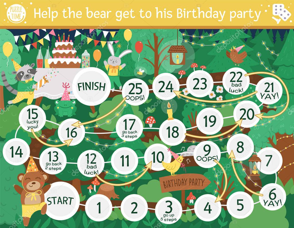Birthday board game for children with cute woodland animals. Educational holiday boardgame with bear, hare, raccoon. Forest surprise party activity. Printable worksheet with cake and candles