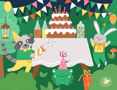 Vector doğum günü partisi ormanı arka planında sevimli hayvanlar ve pastalı bir masa. Çikolatalı, tavşanlı, rakunlu, kurbağalı komik bir tatil sahnesi. Gece Ormanı Festivali Manzarası Çizimi