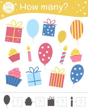 Balonla, mumla, hediyeyle doğum günü sayma oyunu. Anaokulu çocukları için tatil matematik aktivitesi. Kaç tane nesne çalışma tablosu var? Çocuklar için eğitici parti bulmacası