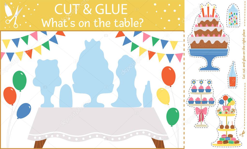Vector Birthday party cut and glue activity. Holiday educational crafting game with cute cake, sweets, desserts. Fun activity for kids. Candy bar illustration. 