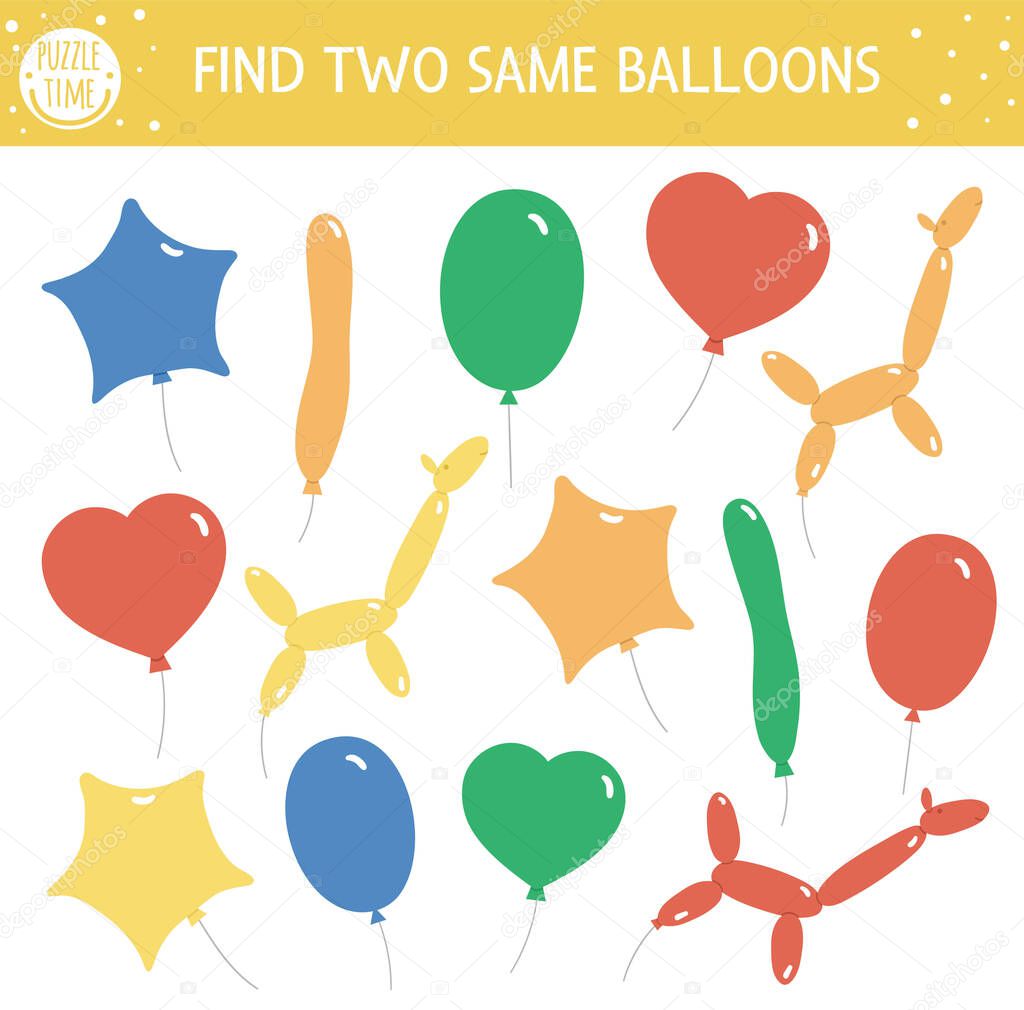 Find two same balloons. Holiday matching activity for children. Funny educational Birthday party logical quiz worksheet for kids. Simple printable celebration game with cute object