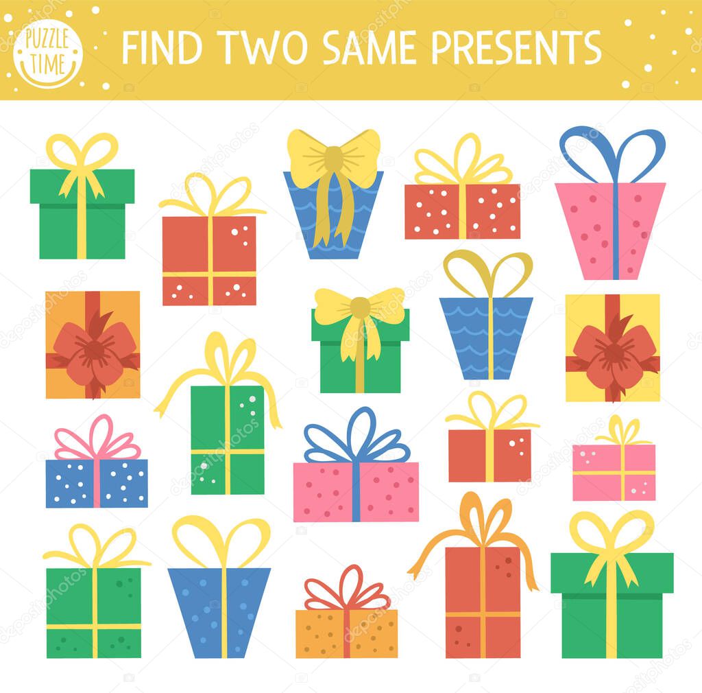 Find two same presents. Holiday matching activity for children. Funny educational Birthday party logical quiz worksheet for kids. Simple printable celebration game with cute gift boxe