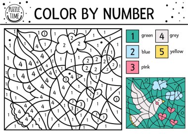 Sevgililer Günü 'nün renk vektörü güvercin, kalp ve bulut aktivitesi. Şubat tatili boyama ve tatlı kuşlarla sayma oyunu. Aşk sembolü olan çocuklar için komik renk sayfası.