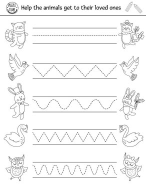 Vector Saint Valentine el yazısı alıştırması. Okul öncesi çocuklar için Şubat ayında basılabilir siyah beyaz etkinlik. Sevimli hayvan çiftleriyle yazma becerileri için eğitici izleme oyunu
