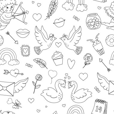 Süslü kalpleri olan siyah-beyaz, pürüzsüz bir model. Aziz Sevgililer Günü sembolleri ile arka planda tekrarlanıyor. Eğlenceli Şubat bayramı dokusu