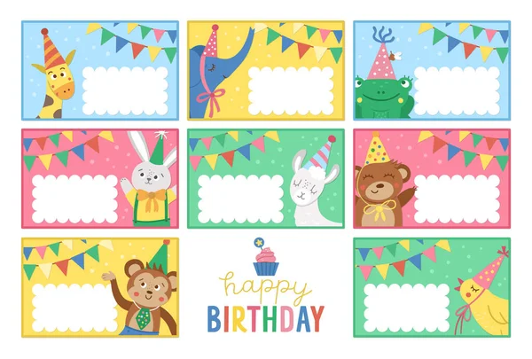 Set Von Vorlagen Für Geburtstagsfeiern Mit Niedlichen Tieren Jubiläums Grußkarte — Stockvektor