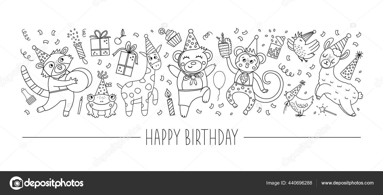 Vektor Sort Hvid Vandret Sæt Med Fødselsdag Tegn Elementer Kort Stock ...