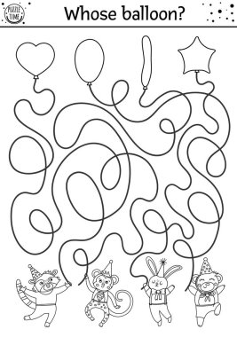 Çocuklar için siyah beyaz bir labirent. Tatil anaokulu basılabilir eğitim aktiviteleri. Komik bir doğum günü partisi oyunu ya da içinde şirin hayvanlar ve hava balonları olan bir bulmaca. Kimin balonu?