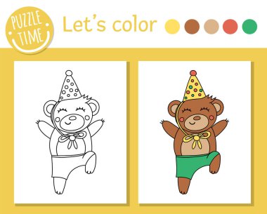 Çocuklar için doğum günü boyama sayfası. Parti şapkalı komik ayı. Şirin hayvanlı tatil taslağı. Siyahi örnekleri olan çocuklar için parti renk kitabı