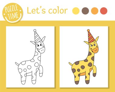 Çocuklar için doğum günü boyama sayfası. Parti şapkalı komik zürafa. Şirin hayvanlı tatil taslağı. Siyahi örnekleri olan çocuklar için parti renk kitabı