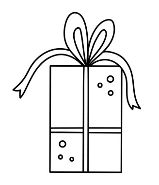 Siyah beyaz şirin bir doğum günü hediyesi ve yay. Kart ve baskı tasarımı için komik bir doğum günü hediyesi. Çocuklar için ana hatlı tatil illüstrasyonu. Beyaz arka planda izole edilmiş neşeli kutlama çizgisi simgesi